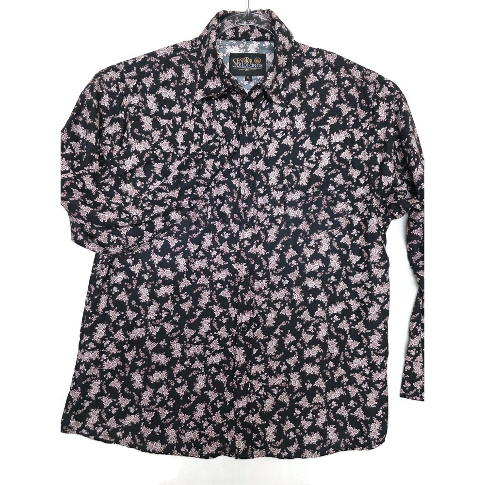 Señor De Los Cielos Shirt Mens XL Black Floral Western Snap Long Sleeve Casual
